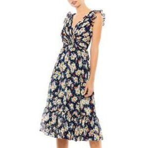 Ieena for Mac Duggal - Floral Print Navy Blue V Neck Midi Dress